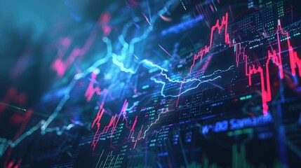 Futuristic stock market background with lightning effects highlighting international financial activities.