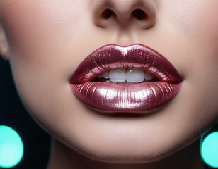 Fototapeta premium Close-up of woman lips, featuring shimmering pearlescent lipstick. Touch of sparkle. Lips are slightly parted, revealing glimpse of white teeth. Sensuality and sexuality. Mother of pearl lipstick. AI