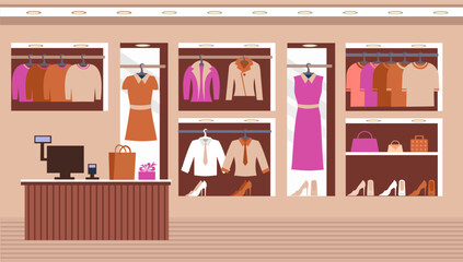 Interior scene of Women clothing store, Boutique interior of women's clothes fashion, tailor shop, interior building.marketing.  Doodle flat vector illustration.