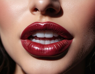 Fototapeta premium A close-up of a woman's lips, featuring shimmering burgundy maroon lipstick, touch of sparkle. The lips are slightly parted, revealing a glimpse of white teeth. Sensuality and sexuality. AI generated