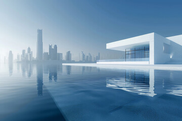 Modern buildings by the lake. The modern urban skyline is in the background.