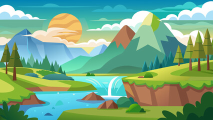 Obraz premium Vector illustration of vibrant summer landscape with green hills, sparkling lake, and fluffy clouds under a bright sun.