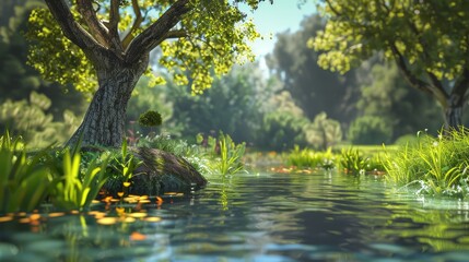 Naklejka premium Serene landscape featuring a large tree by a calm pond with lush greenery and flowers, illuminated by sunlight