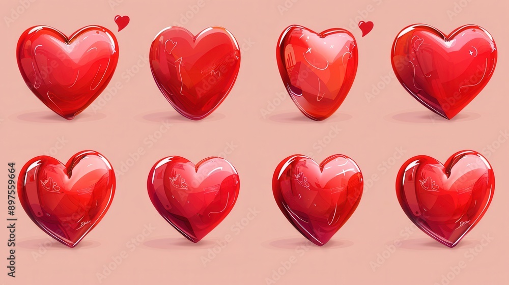 Poster a collection of eight red heart illustrations with different styles and poses, arranged in two rows 