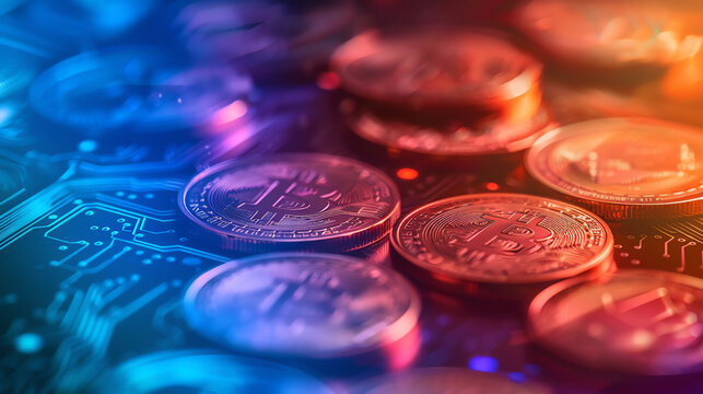 Virtual currencies for employee rewards, side view, creating a fun incentive system, technology tone, Complementary Color Scheme