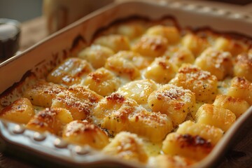 A baking dish filled with golden brown gnocchi, glistening with melted butter and cheese