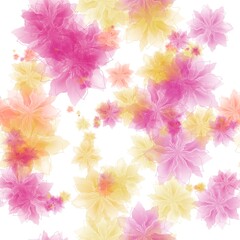 Saffron mango, peachy pink,  raspberry pink and yellow transparent flowers on the white background. Seamless hand drawn pattern. Pattern for wrapping, textile, print