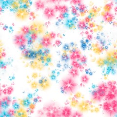 Rosy pink, dull yellow, medium turquoise and water blue transparent flowers on the white background. Seamless hand drawn pattern. Pattern for wrapping, textile, print