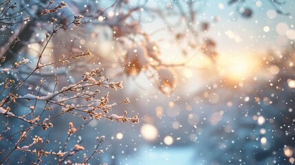 Snow-covered branches with bokeh lights at sunset