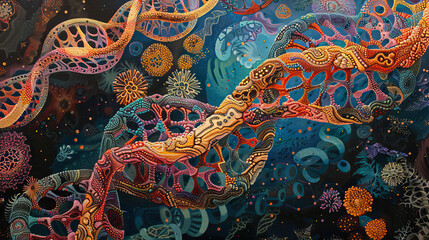 Obraz premium A detailed depiction of the iconic double helix structure, with its twisting strands and base pairs represented by vibrant colors and intricate patterns.