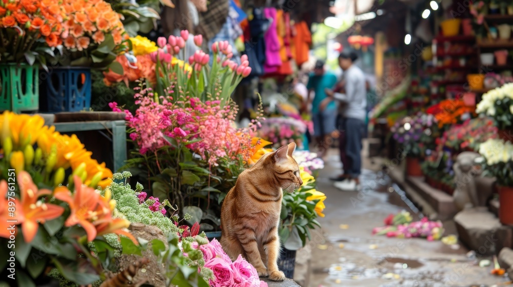 Wall mural a vibrant flower market with a cat sitting among colorful bouquets and bustling shoppers