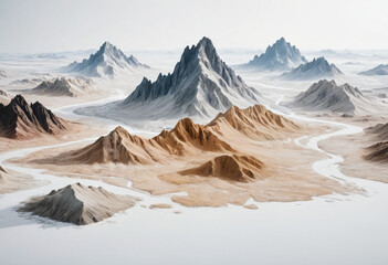  Emotions visualized as abstract landscapes, isolated on a white background in editorial photography 