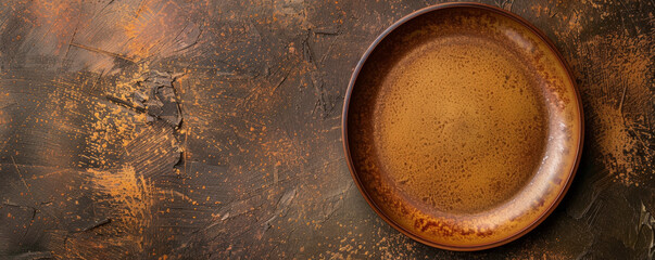 Party setup with a blank brown plate on a brown table, seen from above. The earthy brown hues provide a rustic charm. Ample space for text.