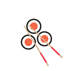 Spicy salmon roll sushi with chopsticks icon for food apps and web, Sushi traditional Japanese dish with chopsticks vector icon