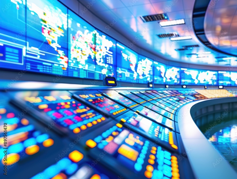 Poster a control room with screens showing data and a curved control panel. ai.