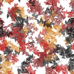 Dark grey, copper rust, dull red and faded orange tree branches with leaves on the white background. Seamless handmade pattern.