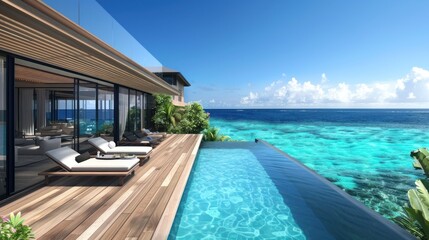 Fototapeta premium Infinity Pool Overlooking the Turquoise Ocean from a Modern Villa