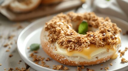 A delicious bagel topped with creamy cheese and crunchy granola