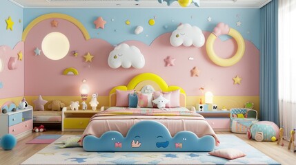 Obraz premium Playful sanctuary: children room, tailored for comfort fun, incorporating educational toys, cozy furnishings, and colorful themes to create an engaging and inspiring environment for young minds