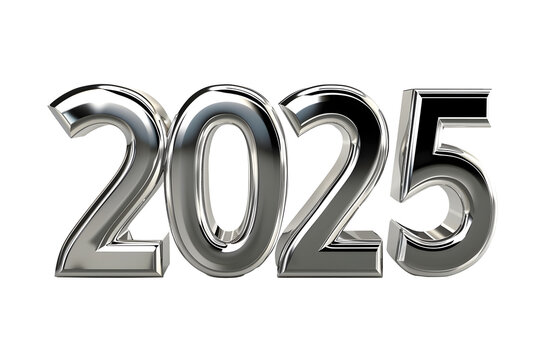 silver metallic 2025 number for New Year's celebration isolated transparent background