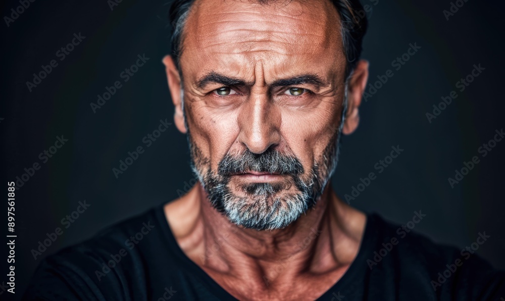Poster a man with a beard stares intently at the camera. ai.