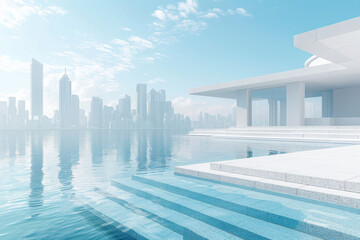 Modern buildings by the lake. The modern urban skyline is in the background.