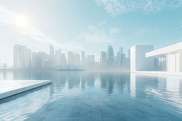 Modern buildings by the lake. The modern urban skyline is in the background.