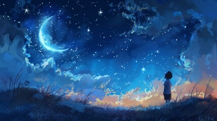 Fototapeta premium Advanced kid painting a peaceful night sky with stars