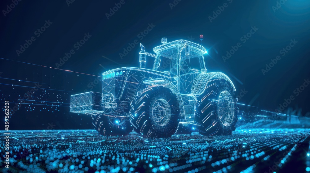 Poster a futuristic digital rendering of a tractor in a field