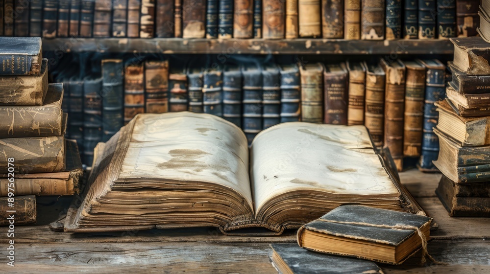 Poster old open book with blank pages on a table near a stack of weathered books