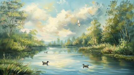 Advanced kid painting a serene lake with swans