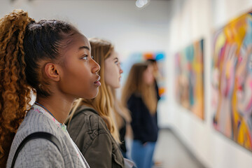 Diverse group of teenagers looking at abstract art in art gallery or museum standing in row with African American girl in foreground