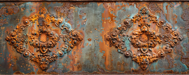 A vintage metal background with deep rust and intricate, aged patterns, showing the effects of time.