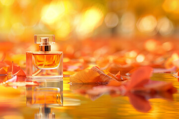 Perfume bottle on autumn background surrounded by autumn leaves. Perfume on an orange background. Autumn perfumes on water won. 