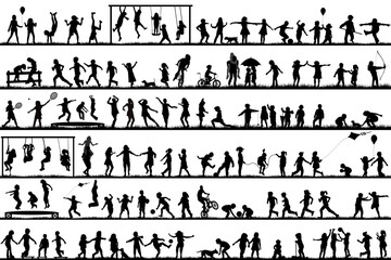 Big collection of children silhouette playing outdoor.eps