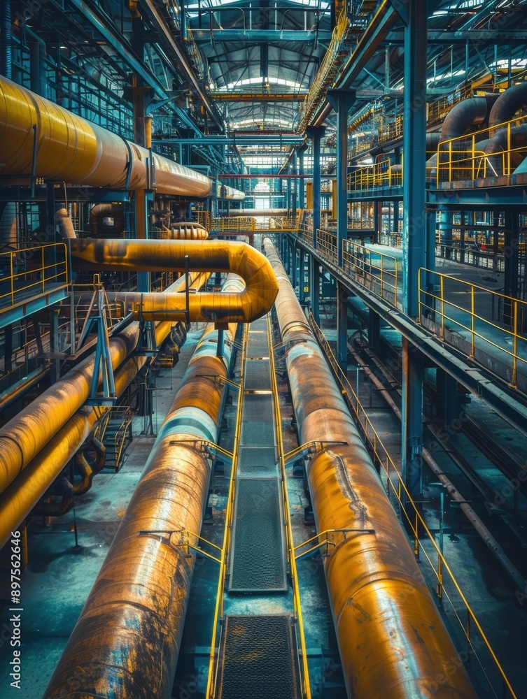 Poster a complex network of pipes and walkways in a factory setting. ai.
