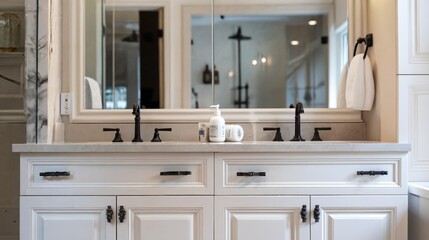 Fototapeta premium White Bathroom Vanity with Black Hardware.