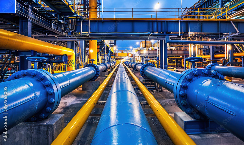 Wall mural blue and yellow pipes in a processing plant. ai.