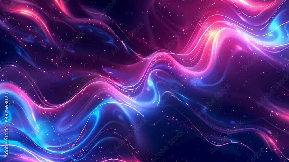 Poster abstract background with neon swirls and waves in pink and blue, creating a mesmerizing visual exper