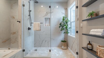 Obraz premium Modern Bathroom Shower with Marble Tiles and Pebble Floor.