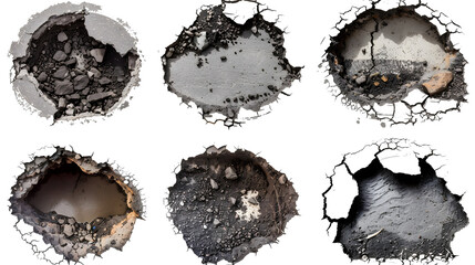 collection of asphalt road potholes with debris and cracks isolated transparent background