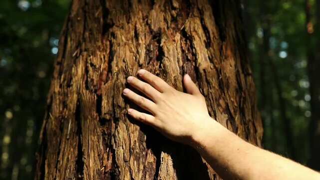 Amazing view of Caucasian male hand touching and stroking bark of tree in forest during sunrise and beautiful landscape. High quality FullHD footage