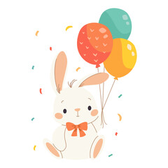 Cute bunny sitting with balloons, confetti around, birthday illustration, vector illustration in children's style, white background . Vector illustration
