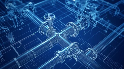 A blueprint of an industrial pipeline system, showcasing intricate connections and valves, symbolizing infrastructure, engineering, efficiency, flow, and connectivity.