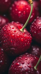 Close-up of fresh cherries with water droplets