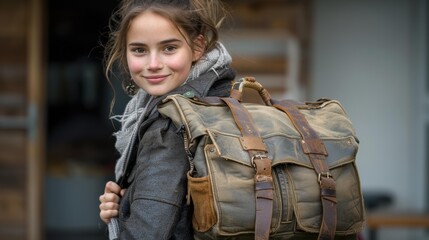 Fototapeta premium A young woman with a big smile looks back over her shoulder while wearing a leather jacket and a canvas backpack. AI.