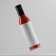 red glass bottle with a black cap and a blank white label. The bottle is floating in mid-air against a neutral gray background. The bottle is ideal for showcasing a hot sauce product.