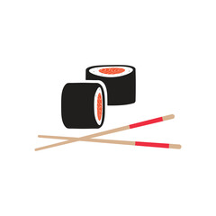 Spicy sushi rolls with salmon on top with chopsticks icon for food apps and web, Sushi traditional Japanese dish with chopsticks vector icon