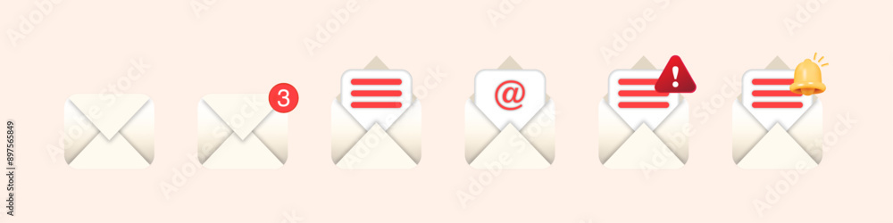 Poster pastel 3d email icon set: envelopes, check email, message notifications, messages alert, security an