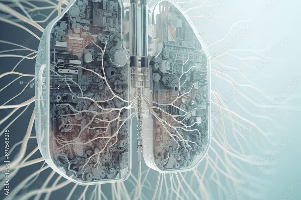 Poster Artificial implant science concept with technological AI lungs on the circuit board.